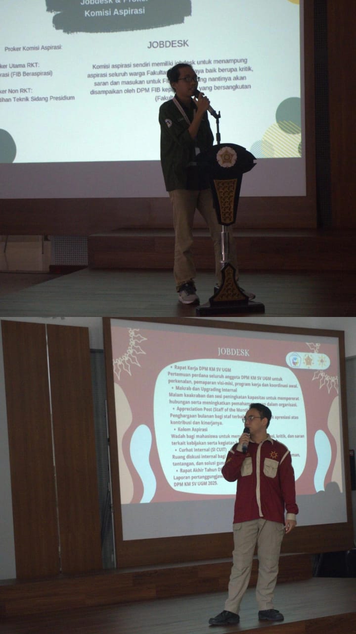 Presentasi Grand Design dari DPM FIB Udinus dan DPM KM Sekolah Vokasi UGM (Presentasi RKT dari DPM FIB Udinus dan DPM KM SV UGM)